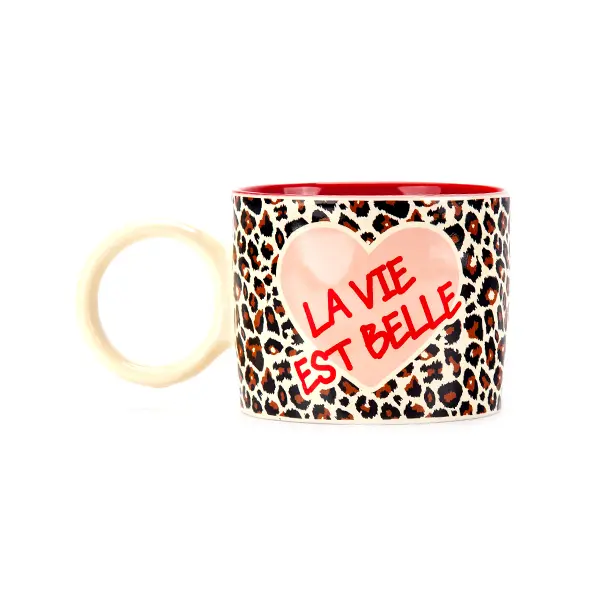 LA VIE EST BELLE LEOPARD FOND ROUGE  - TASSE GRANDE