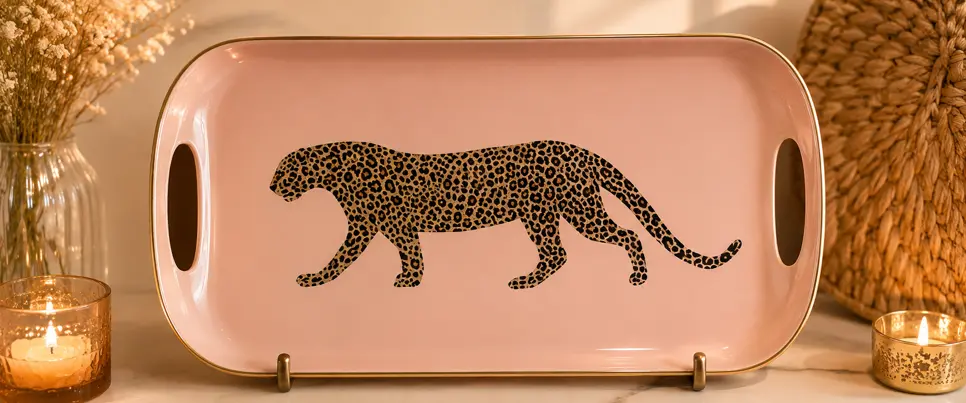 LÉOPARD ANIMAL FOND ROSE  - GRAND PLATEAUX POIGNEE