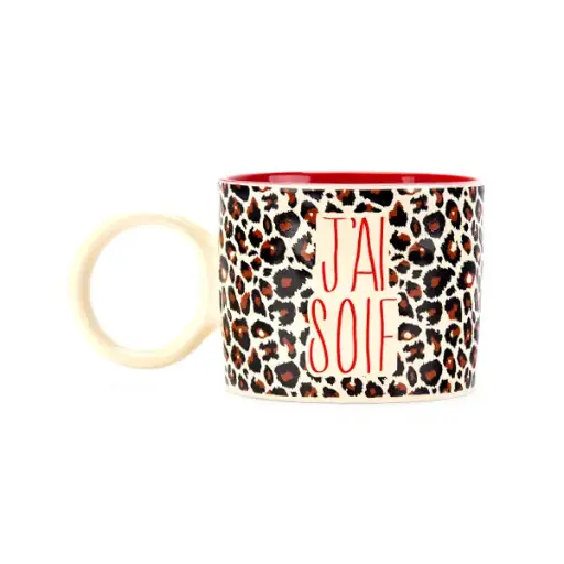 TASSE GRANDE - J'AI SOIF LEOPARD FOND ROUGE  