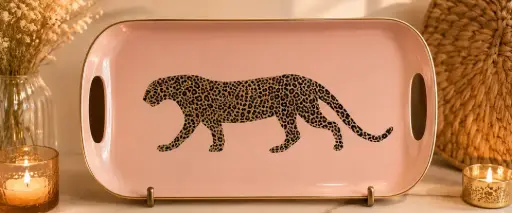 LÉOPARD ANIMAL FOND ROSE  - GRAND PLATEAUX POIGNEE