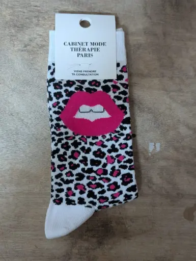 BOUCHE ROSE LEOPARD BLANC  - CHAUSSETTES ADULTES 